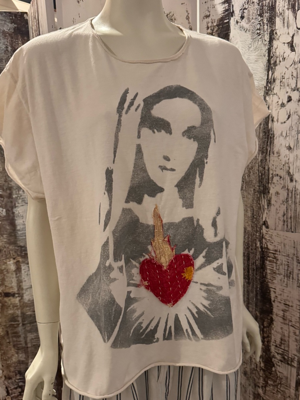 Unique one-of-a-kind hand printed and appliquéd Virgin Mary sacred heart tee.